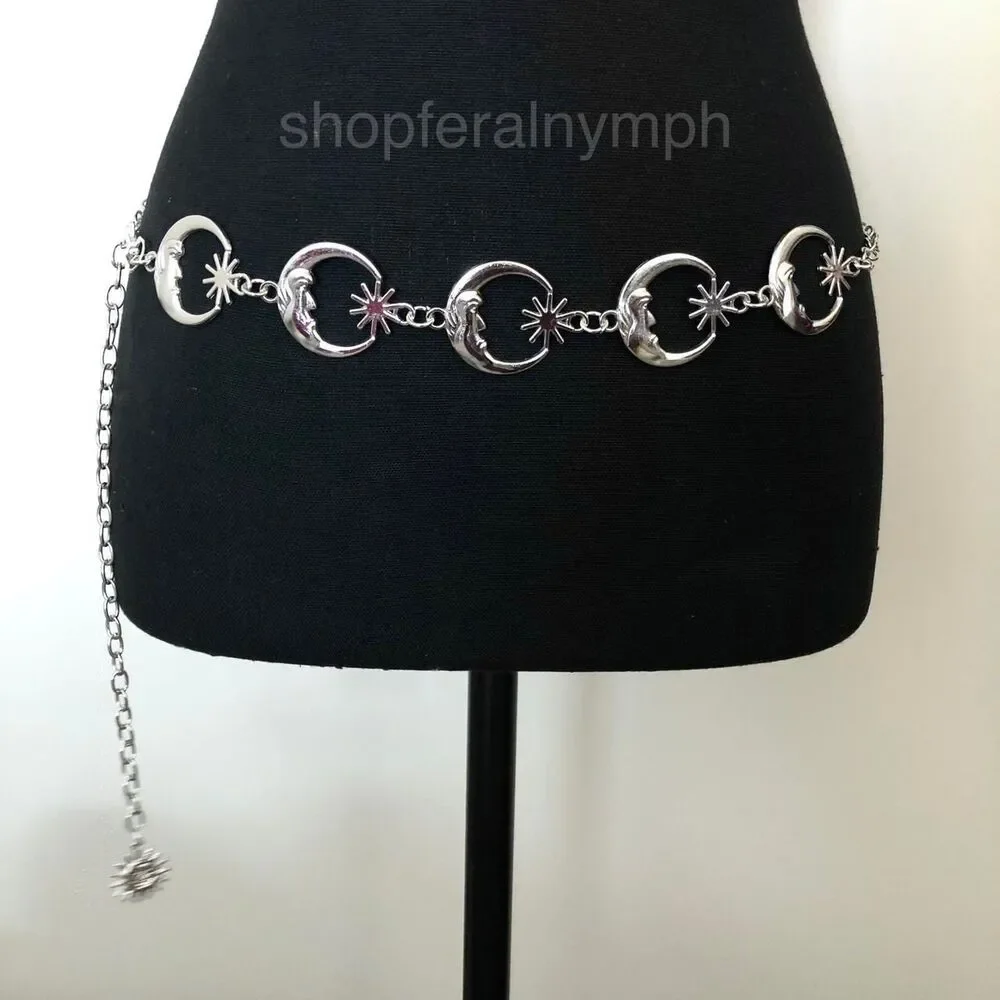 Vintage Y2K Celestial Silver Moon Star Chain Belt, Fits 12–41 Inches, X7GA1234